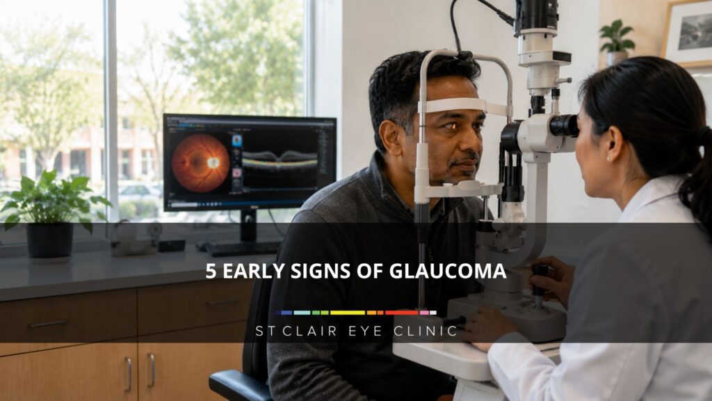 Patient undergoing a comprehensive eye examination with an optometrist to check for glaucoma and changes in eye health