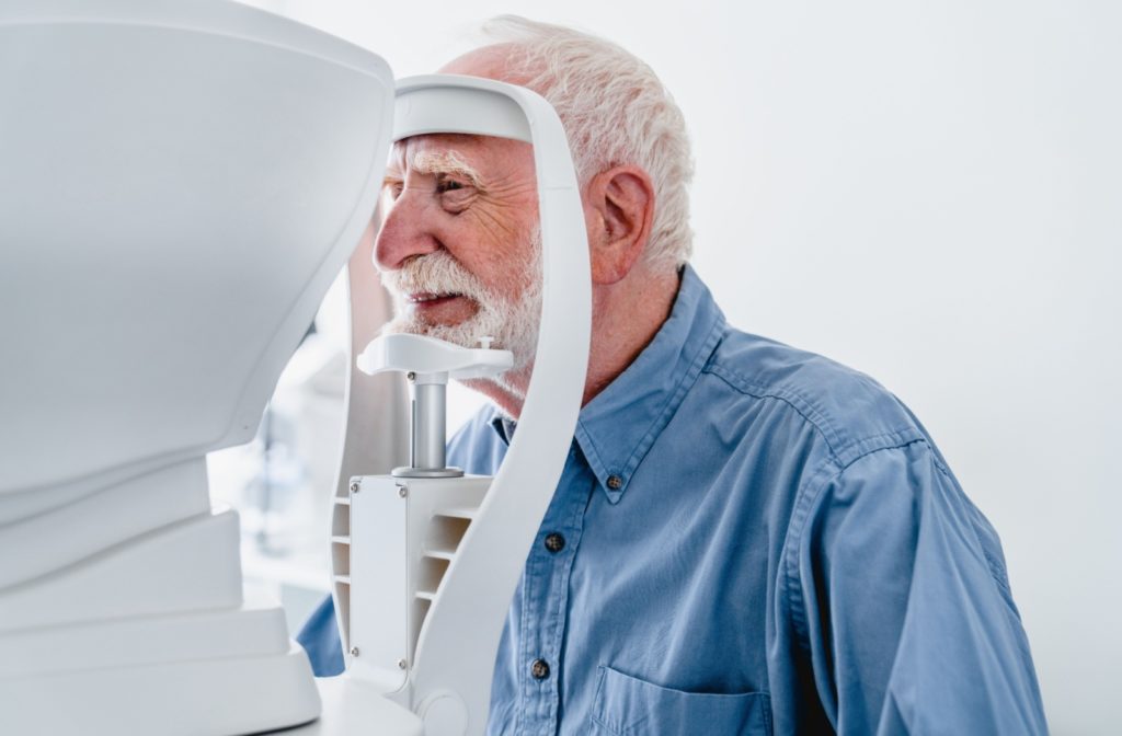 An older adult is being examined for signs of glaucoma.