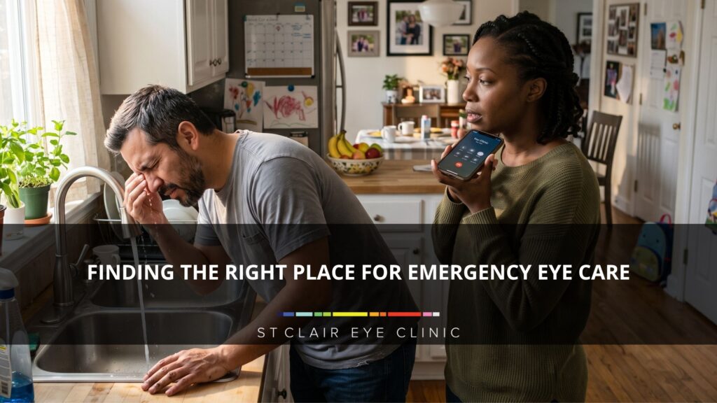 Man flushing his eye with water after a chemical eye exposure while another person calls for emergency eye care assistance at home