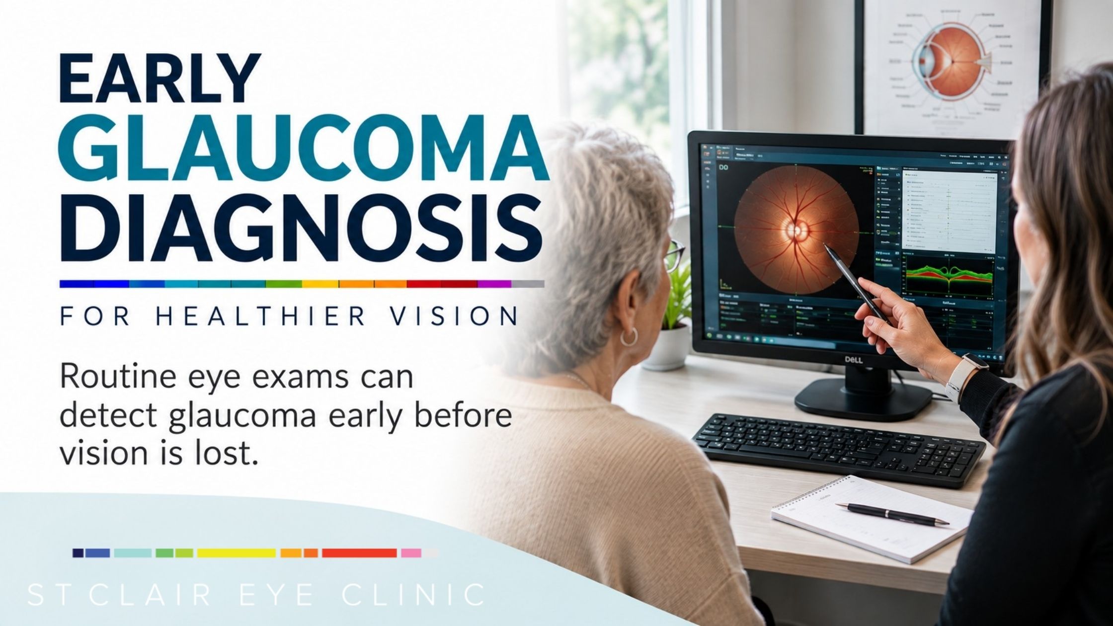 Eye care professional reviewing optic nerve imaging with an older patient to help detect and manage glaucoma early.