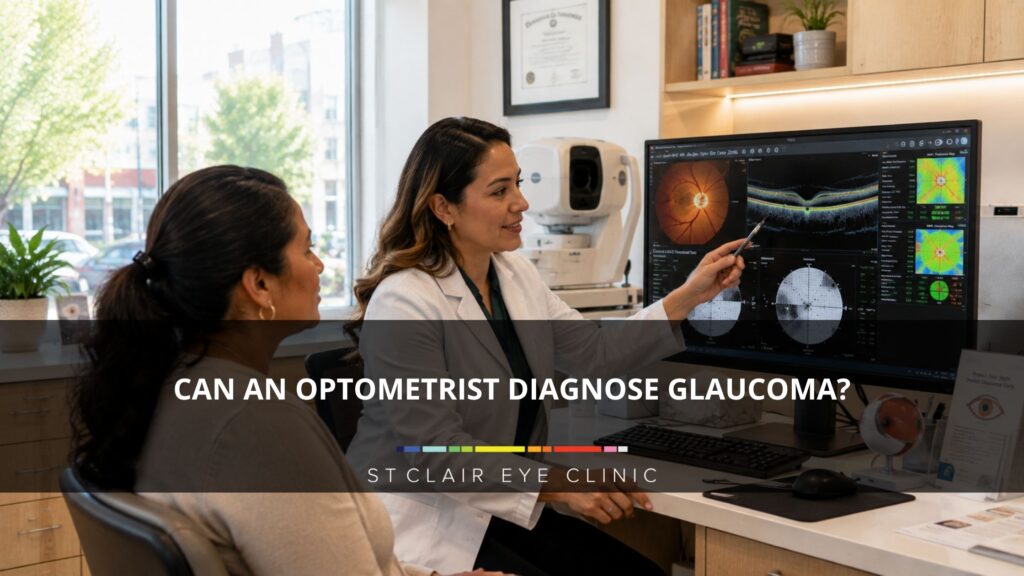 Optometrist reviewing retinal imaging and glaucoma test results with a patient during a comprehensive eye examination