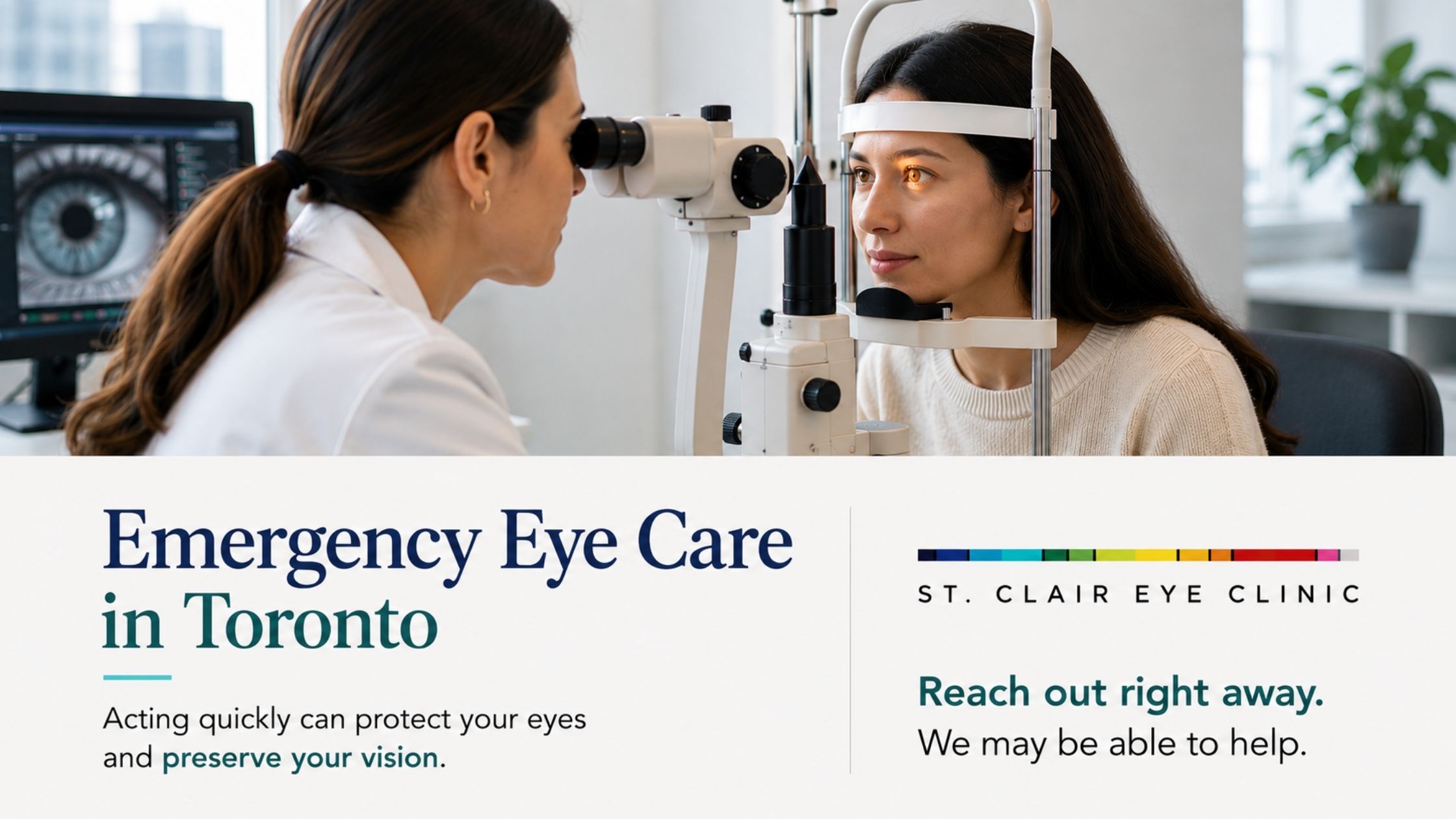 Optometrist examining a patient with a slit lamp microscope, encouraging people experiencing an eye emergency to seek prompt emergency eye care in Toronto