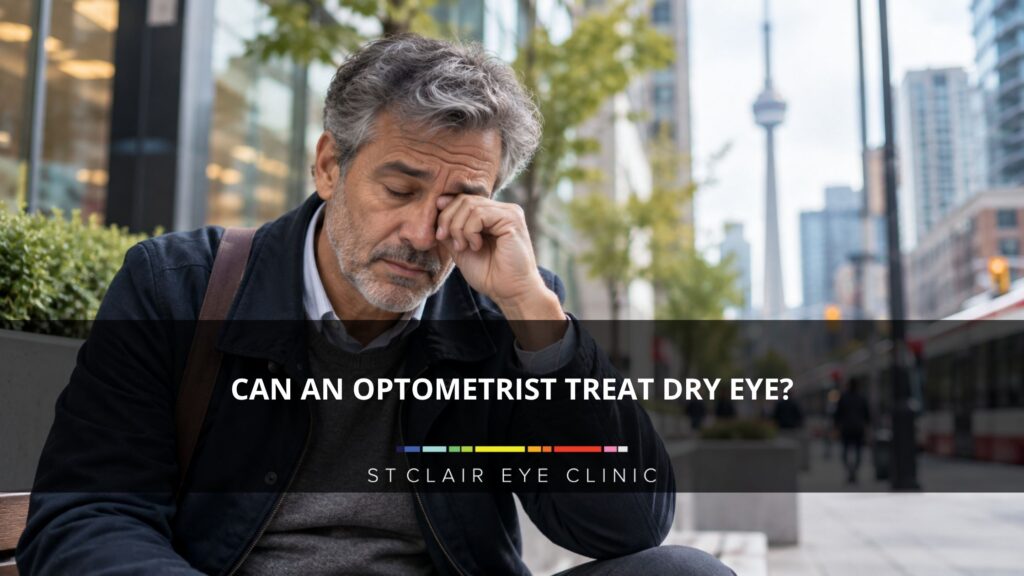 Man rubbing his irritated eye outdoors in Toronto while experiencing dry eye discomfort