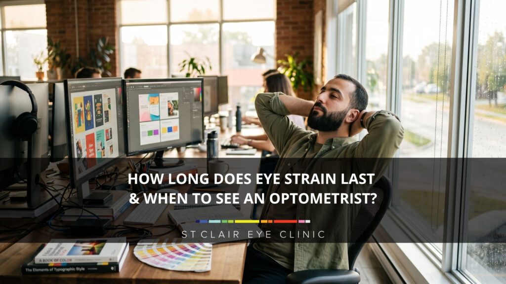 Office worker leaning back from dual computer monitors to rest their eyes during a screen break after experiencing digital eye strain