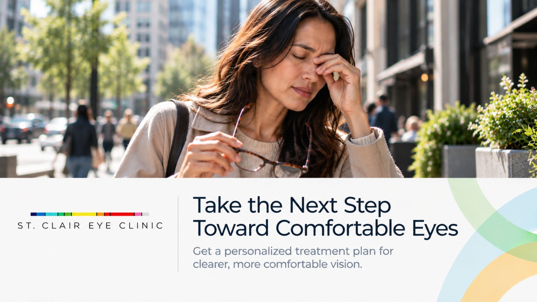 Woman experiencing irritated dry eyes outdoors with information about personalized dry eye treatment at St. Clair Eye Clinic