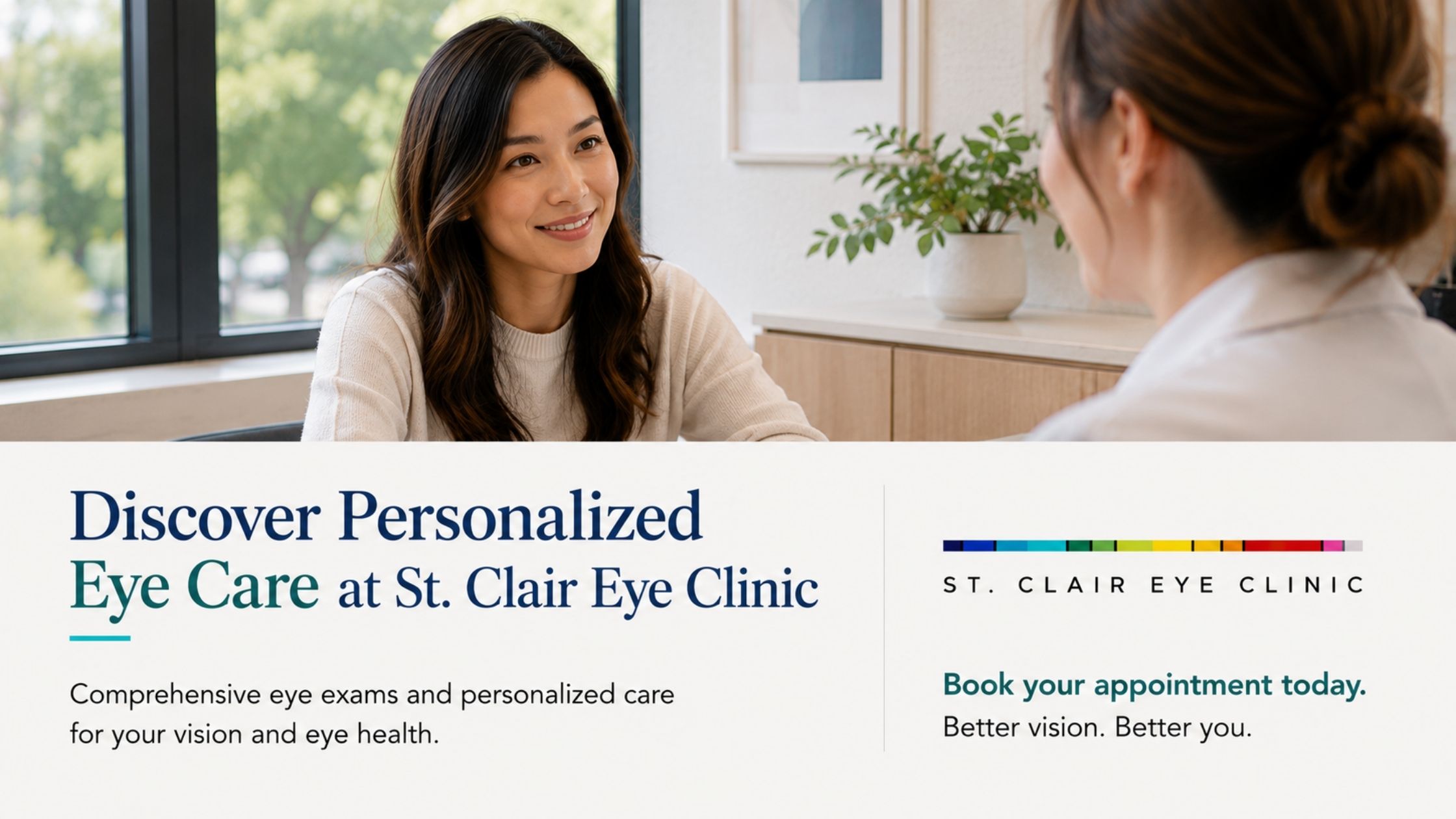 Patient discussing vision concerns with an optometrist during a personalized comprehensive eye exam consultation at St. Clair Eye Clinic