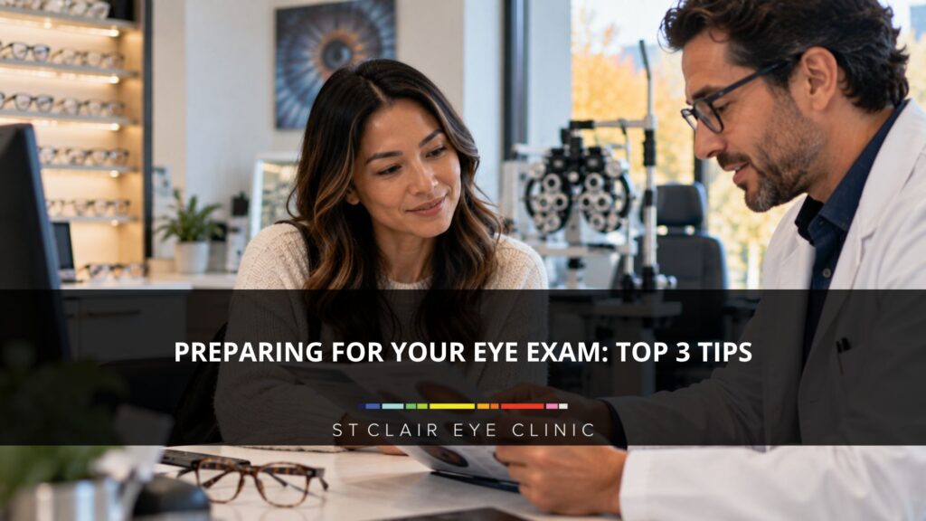 Patient speaking with an optometrist during an eye exam appointment at an eye clinic