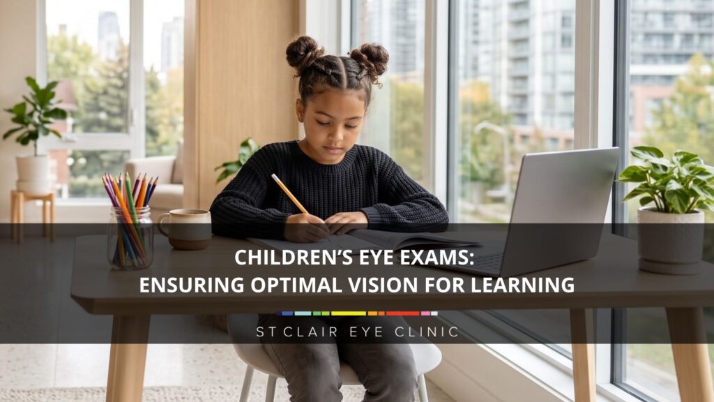 Young child completing schoolwork at home, highlighting the importance of children's eye exams for healthy vision and learning success