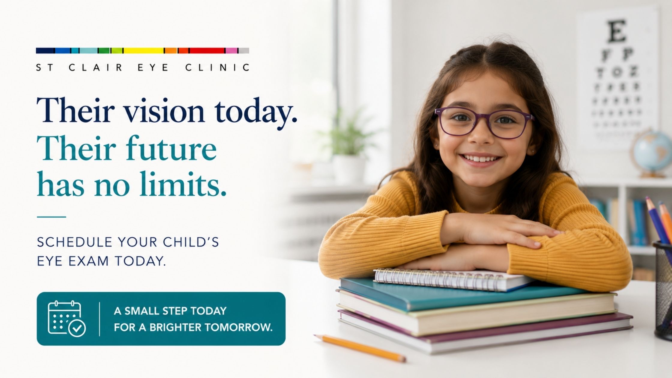 Smiling child wearing glasses with school books, encouraging parents to schedule a comprehensive children's eye exam for lifelong healthy vision