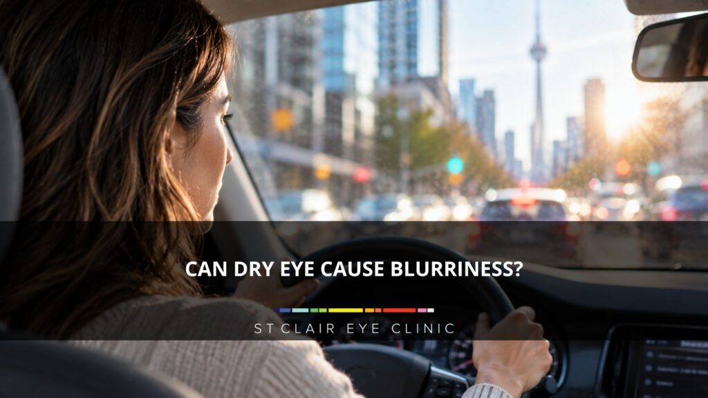 Woman driving in Toronto while experiencing blurry vision associated with dry eye symptoms
