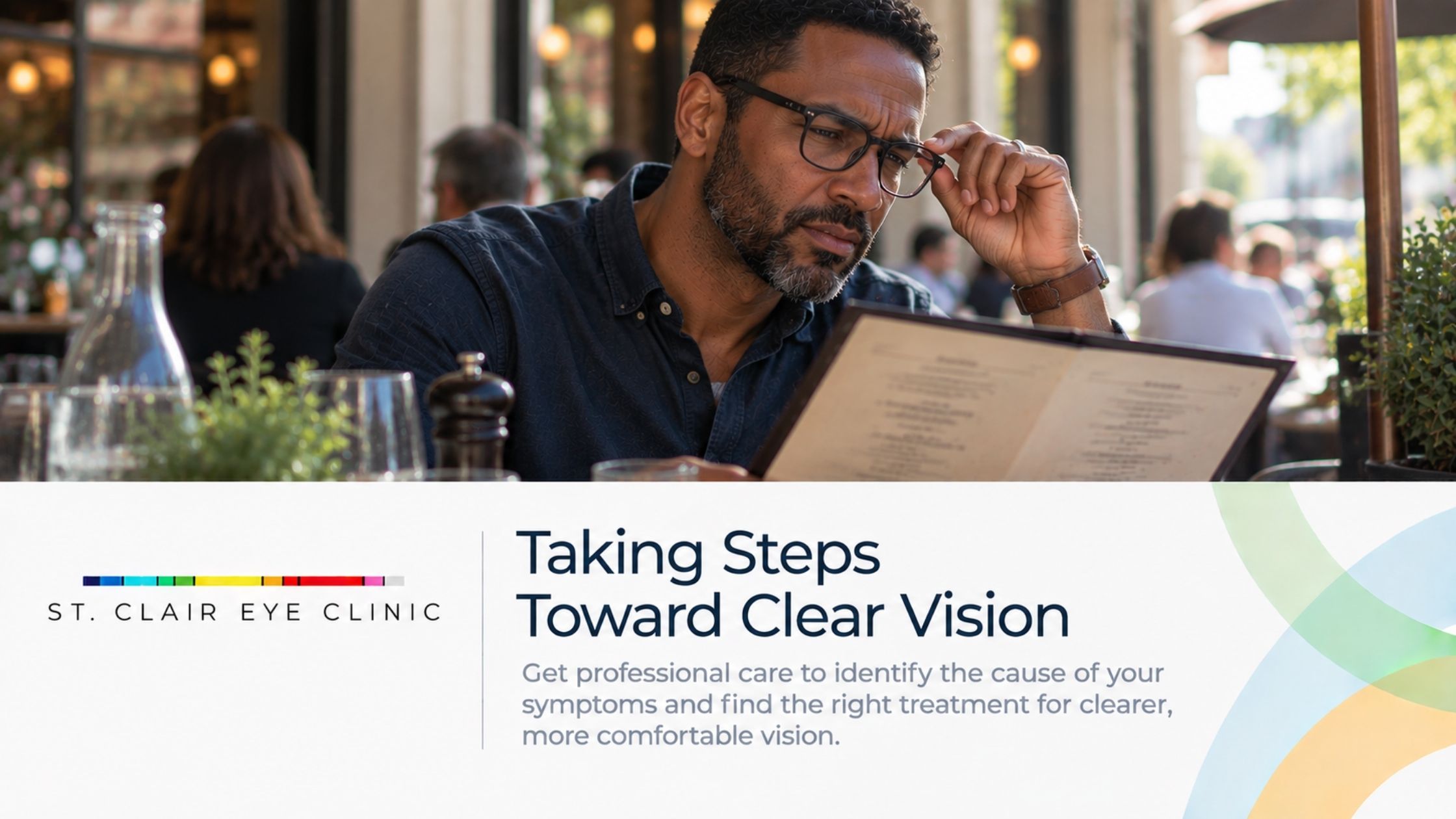 Man having difficulty reading a restaurant menu while experiencing blurry vision and dry eye symptoms