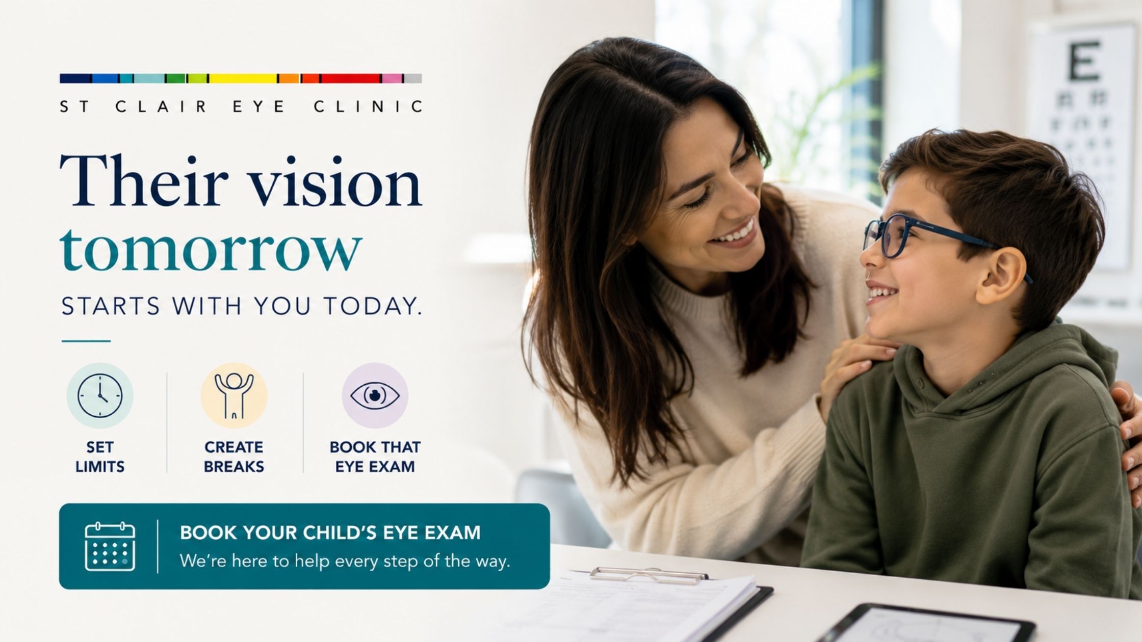 Mother smiling with her son during a children's eye exam, encouraging parents to book a child eye exam and promote healthy screen habits