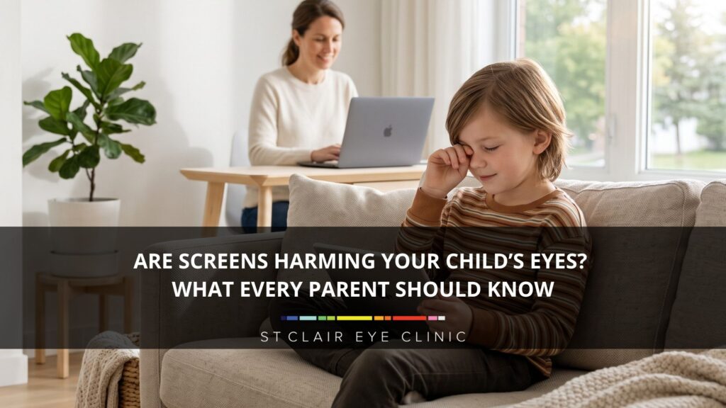Child rubbing tired eyes while using a tablet at home, illustrating the effects of excessive screen time and digital eye strain in children