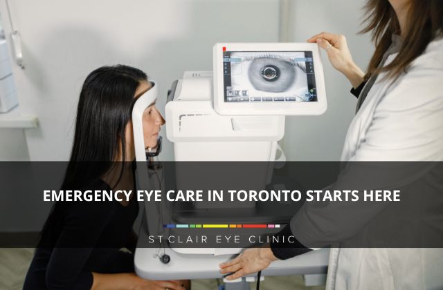 Optometrist performing an emergency eye exam on a female patient using digital diagnostic equipment.