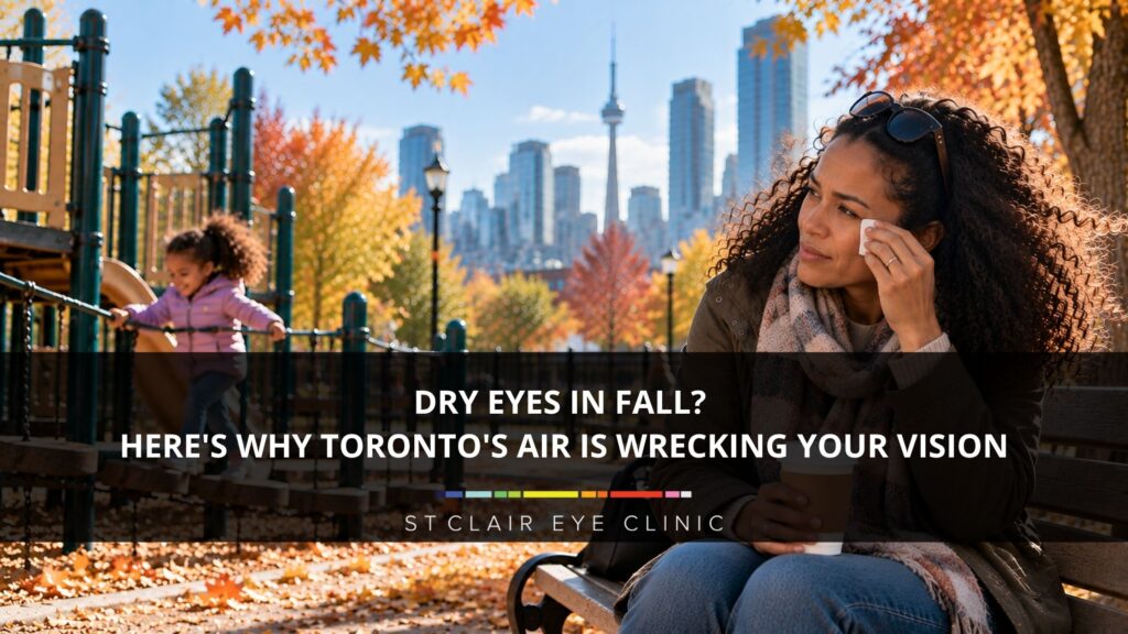 Woman experiencing dry eye irritation while sitting near a playground in Toronto during the fall.