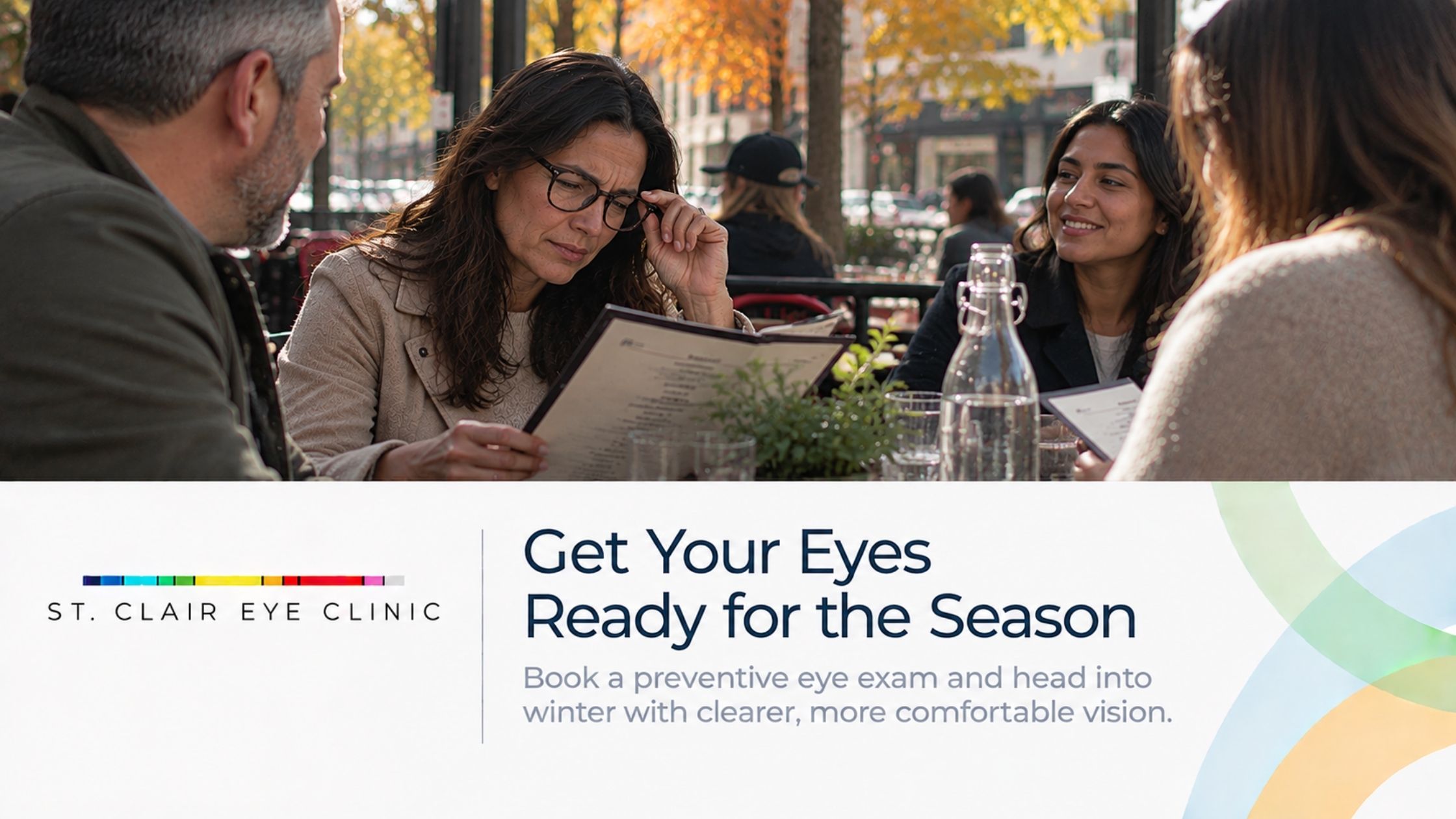 Woman experiencing eye discomfort while reading a menu with friends at an outdoor Toronto restaurant in the fall