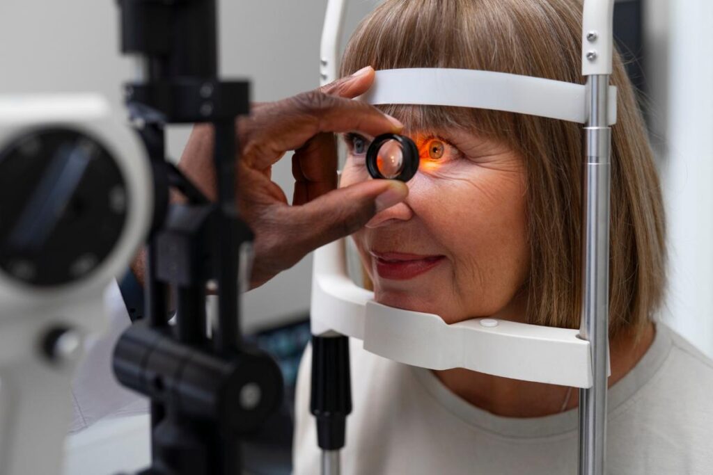 Optometrist examines an adult patient’s eye using a diagnostic lens and slit lamp during a detailed eye exam. The image represents eye disease screening and diagnosis as part of comprehensive eye care.