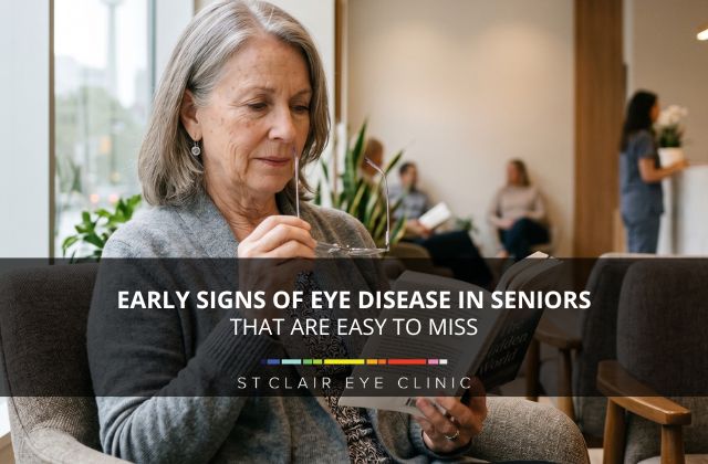 Senior woman reading in an eye clinic waiting room highlighting early signs of eye disease in seniors that are easy to miss.