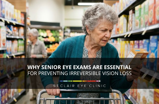 Senior woman struggling to read a product label in a grocery store, highlighting the importance of senior eye exams for preventing irreversible vision loss.