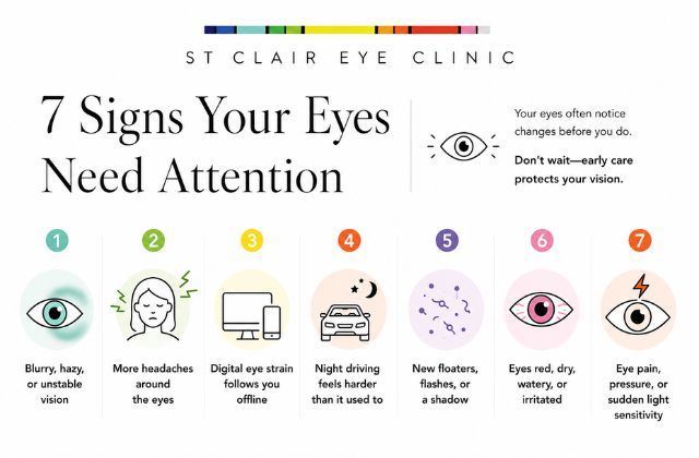 Infographic outlining seven common signs your eyes need attention, including blurry vision, headaches, digital eye strain, night driving difficulty, floaters, eye irritation, and eye pain