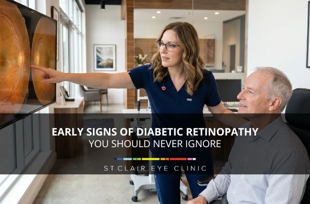 Eye care professional showing retinal scan images to a senior patient during a diabetic retinopathy eye exam at an eye clinic.