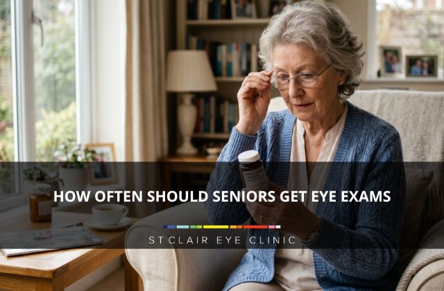 Senior woman wearing glasses at home reading medication labels, representing how often seniors should get comprehensive eye exams