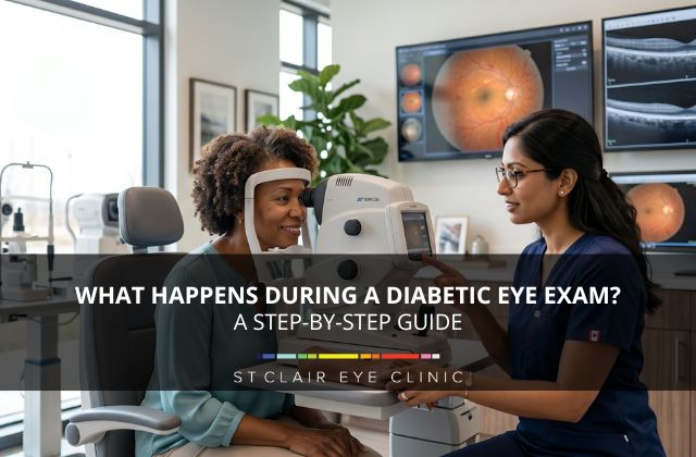 Eye doctor performing a diabetic eye exam using advanced retinal imaging equipment during a step-by-step diabetic eye screening appointment.
