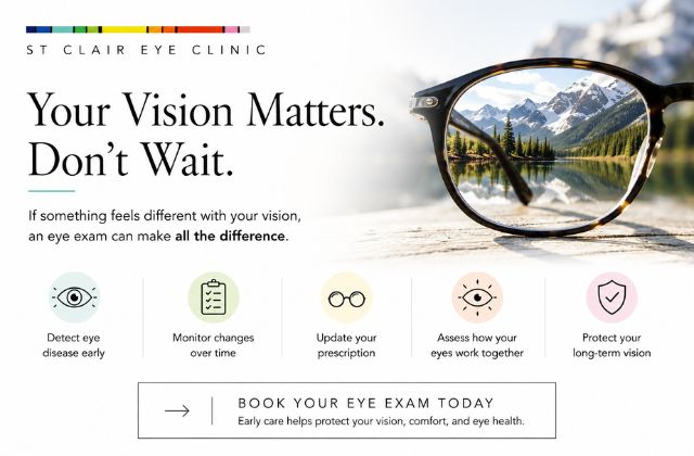 Eye exam awareness graphic featuring eyeglasses with a clear mountain landscape and information about protecting long-term vision through regular eye exams.
