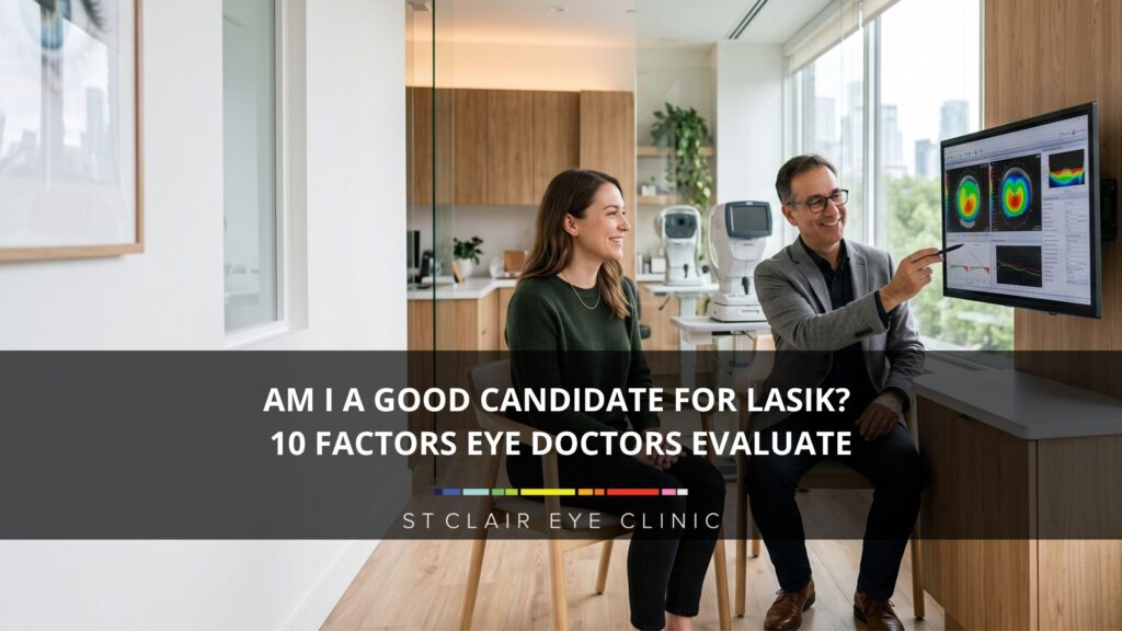 Eye doctor reviewing corneal imaging and LASIK candidacy with a patient during a laser vision correction consultation
