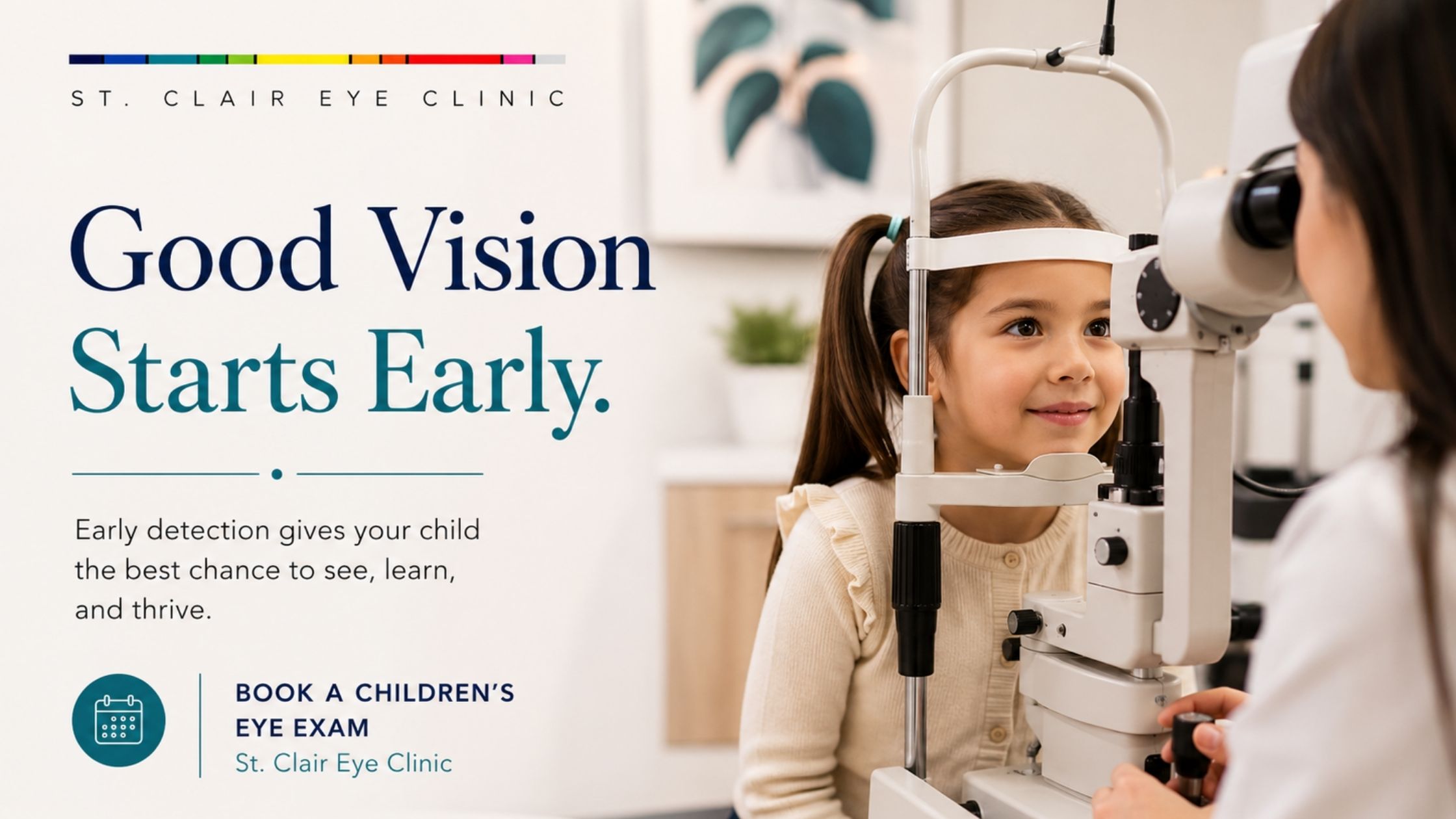 Young child receiving a comprehensive eye exam with a slit lamp microscope, encouraging parents to book a children's eye exam for early vision care
