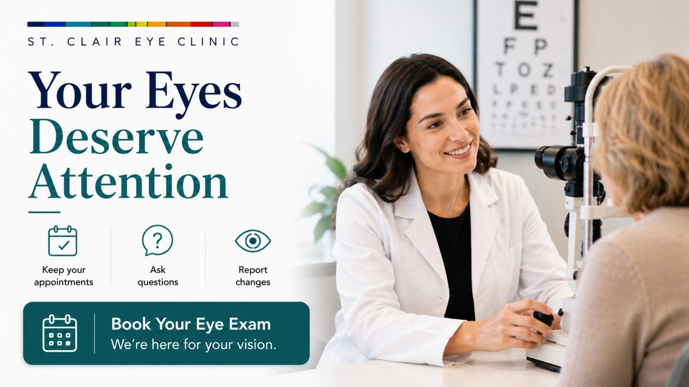 Optometrist speaking with a patient during an eye examination, encouraging people experiencing flashes, floaters, or vision changes to book a comprehensive eye exam