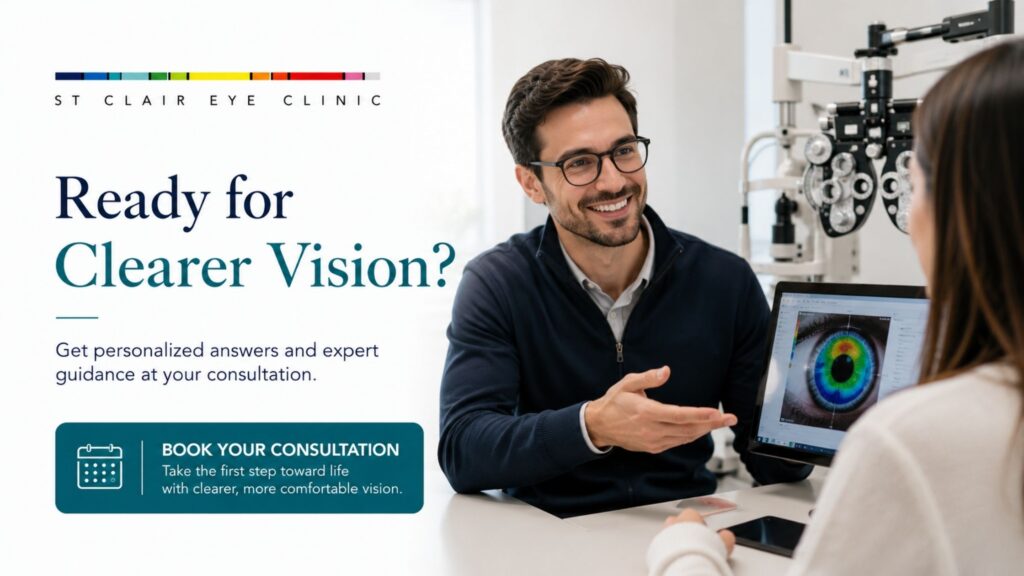 Eye doctor answering a patient's questions during a laser eye surgery consultation with advanced diagnostic imaging displayed on a tablet