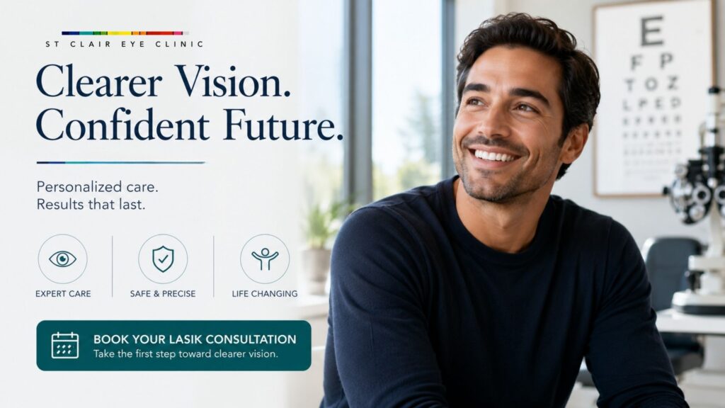 Smiling man at an eye clinic promoting LASIK consultation for clearer vision and long-term confidence after laser eye surgery