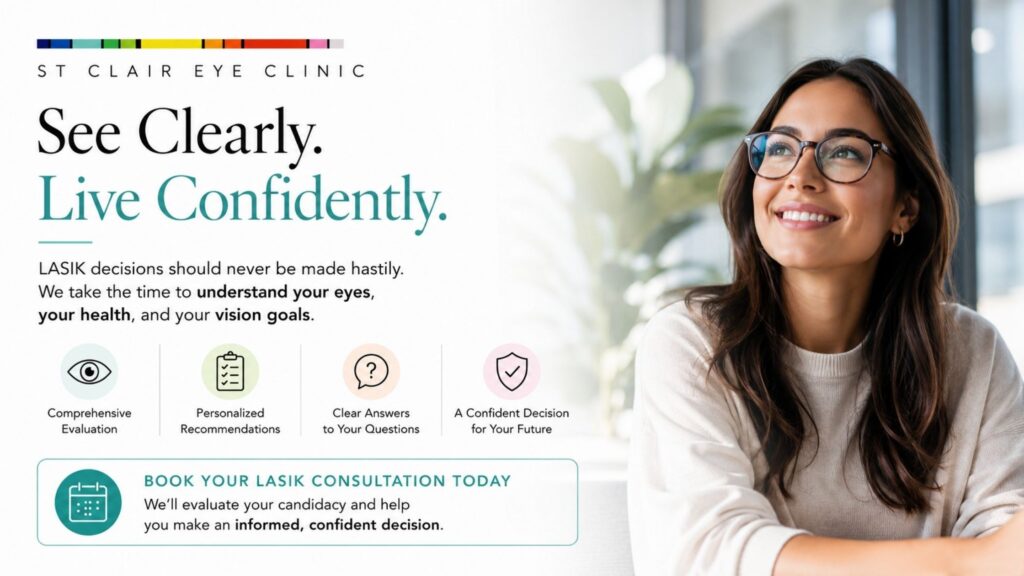 Woman wearing glasses smiling confidently beside information encouraging patients to book a LASIK consultation for a personalized vision correction evaluation