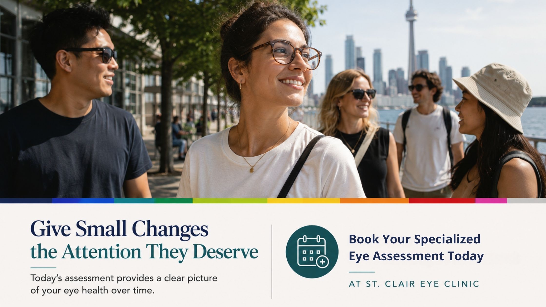 Group of adults enjoying clear vision outdoors with a call to book a specialized eye assessment to detect subtle vision changes and protect long-term eye health
