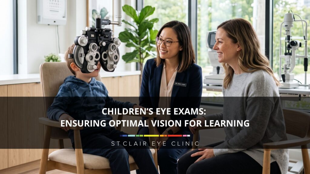 Child having a comprehensive eye exam while an optometrist and parent observe, highlighting how children's eye exams support healthy vision and learning