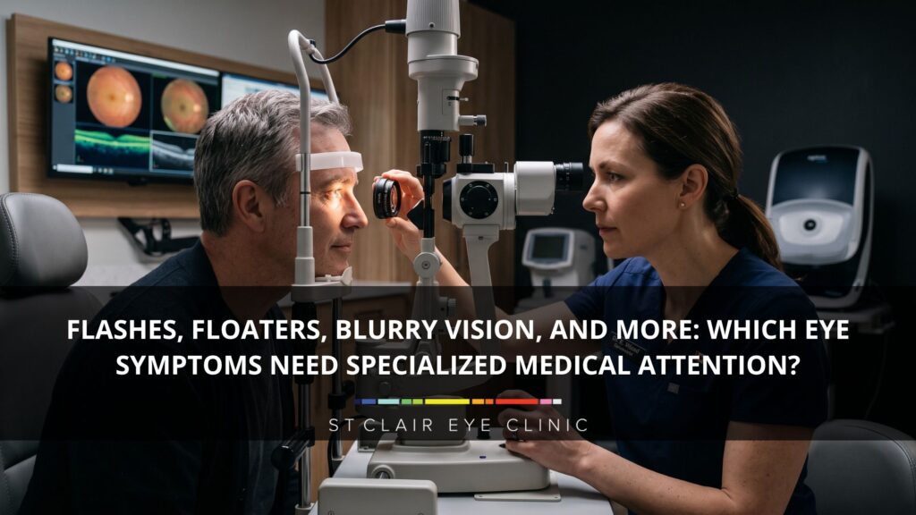 Optometrist examining a patient with a slit lamp microscope to assess flashes, floaters, blurry vision, and other symptoms requiring urgent eye care