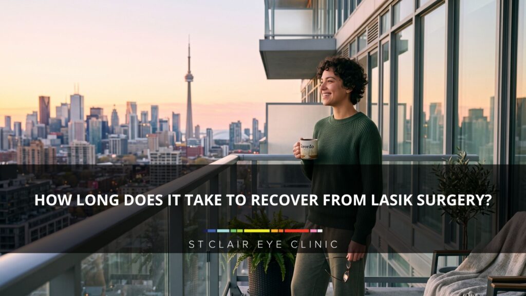 Patient enjoying clear vision on a balcony after LASIK surgery, representing the recovery timeline following laser vision correction
