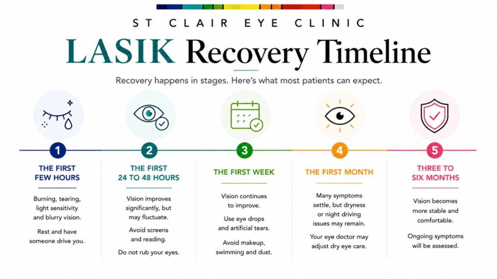 Infographic illustrating the LASIK recovery timeline from the first few hours after surgery through six months of healing