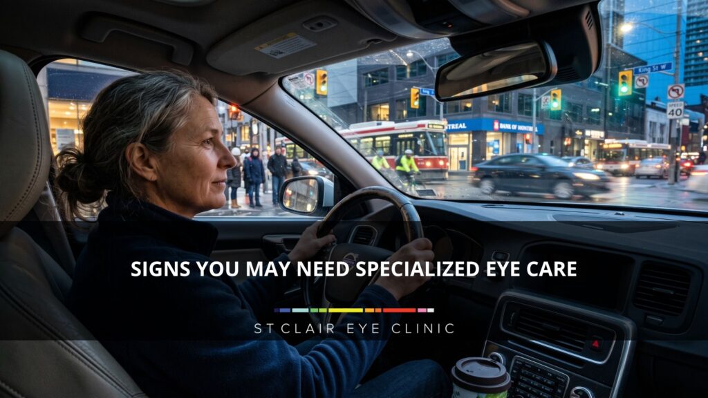 Optometrist performing a detailed eye examination with a slit lamp microscope for a patient experiencing symptoms that may require specialized eye care.