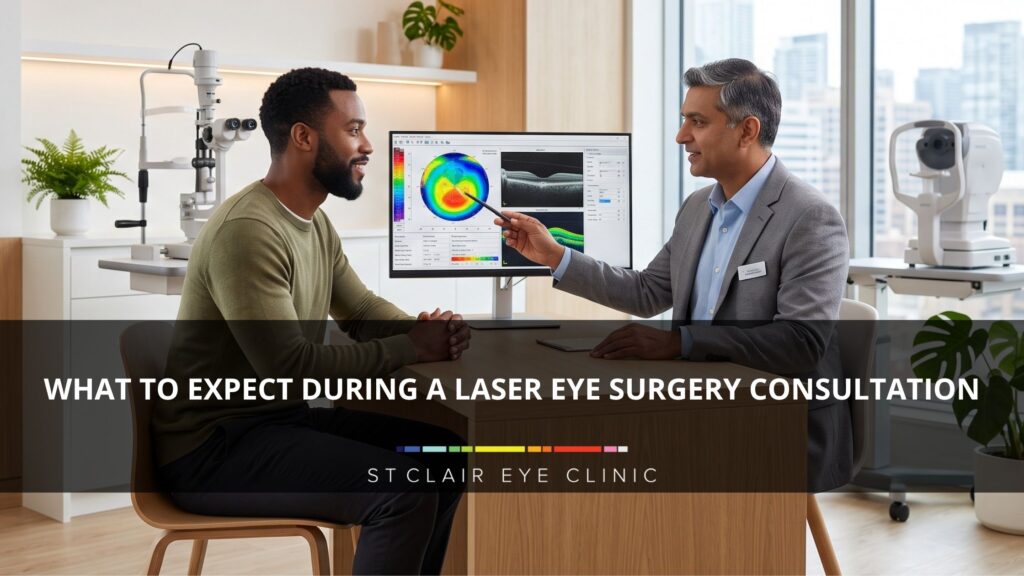 Eye surgeon explaining diagnostic imaging and laser eye surgery options to a patient during a comprehensive LASIK consultation
