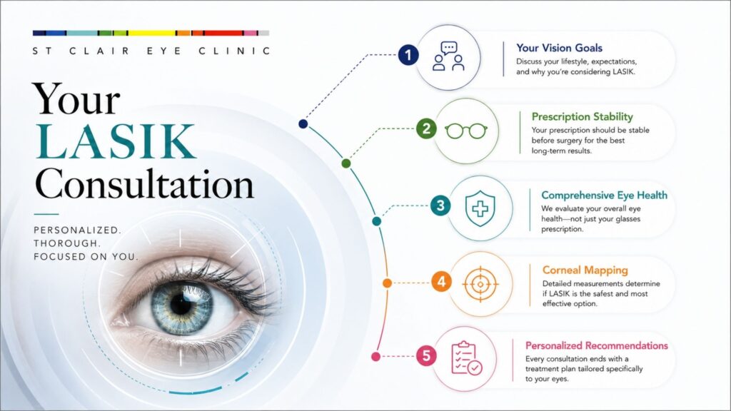 Infographic outlining what to expect during a LASIK consultation, including vision goals, prescription stability, eye health evaluation, corneal mapping, and personalized recommendations