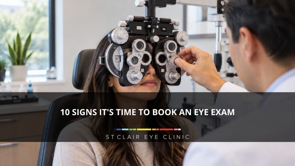 Optometrist performing a vision test during a comprehensive eye exam at St. Clair Eye Clinic
