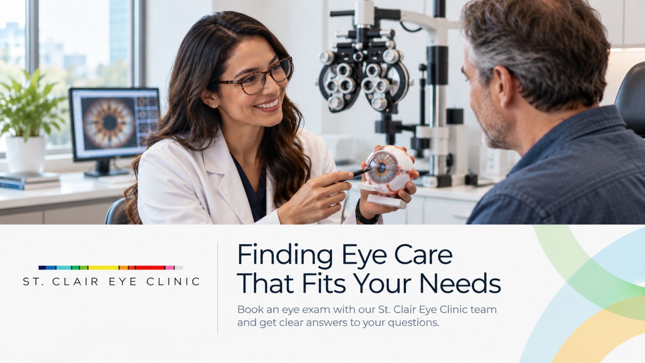 Optometrist discussing eye health with a patient during a consultation at St. Clair Eye Clinic