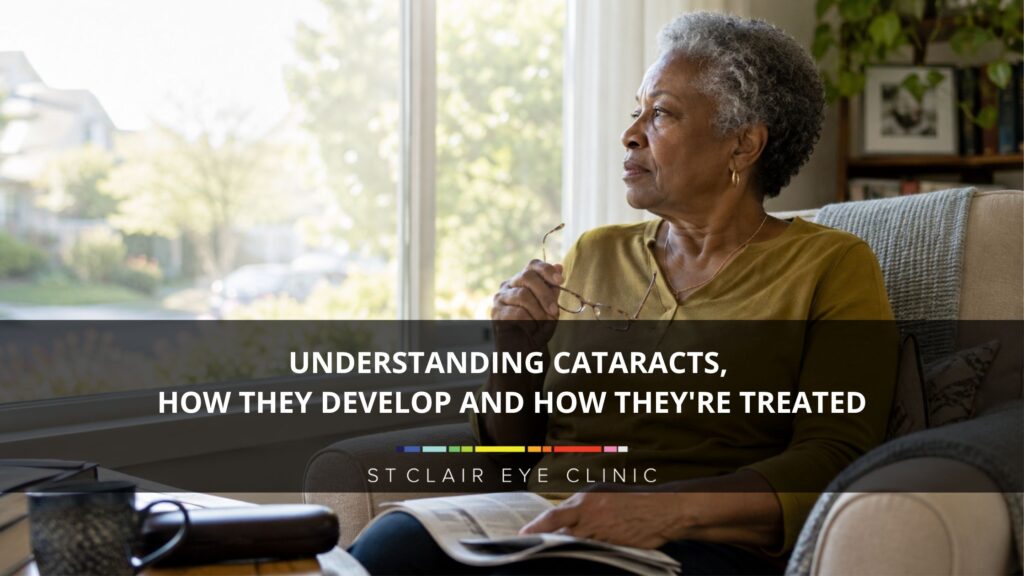 Older woman holding her glasses while looking through a bright window, representing vision changes associated with cataracts